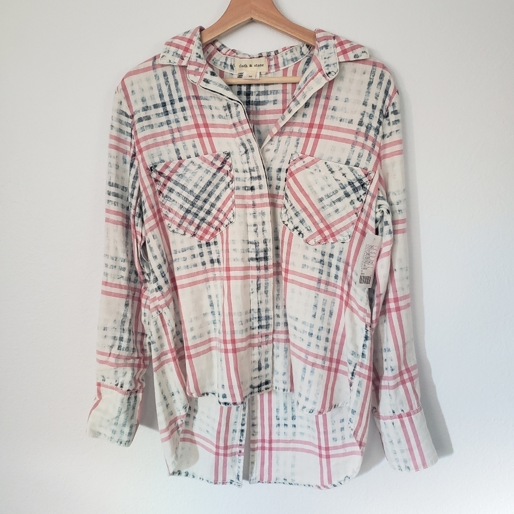 NWT Cloth & Stone Anthropologie Women's Pink Blue Plaid Button Down Shirt